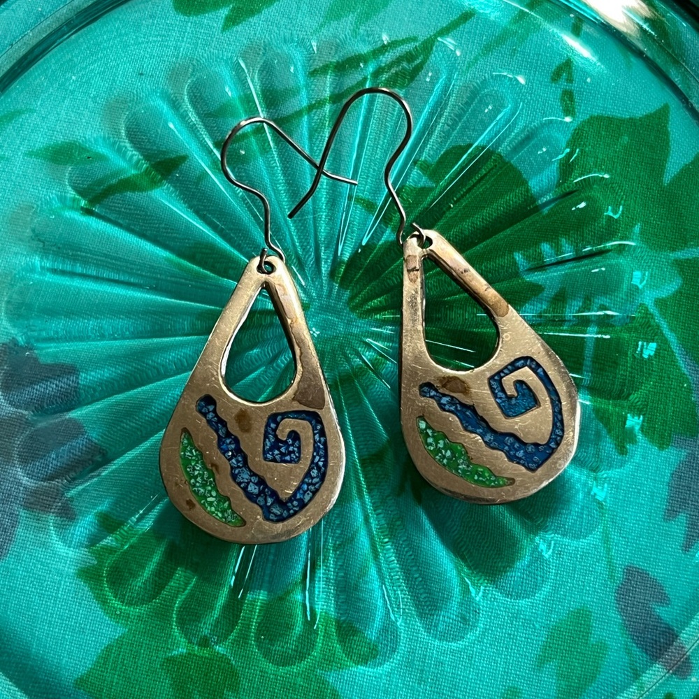 Vintage Southwestern Turquoise Inlaid Silver Plated Pierced Dangle Earrings
